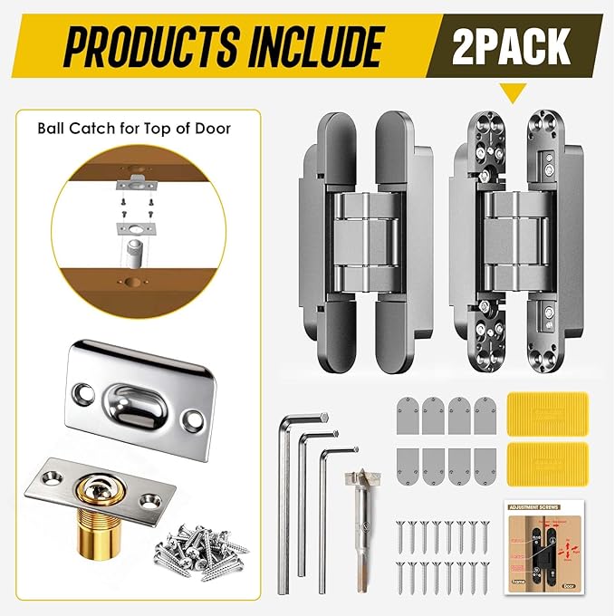 6inch Hidden Door Hinge,Concealed Hinges,Hidden Door Hardware kit,Invisible Door Silent 180 Degree Swing Hinge 3-Way Adjustable Butt 6 x 2.5 x 1inch (Silver, 7 inches)