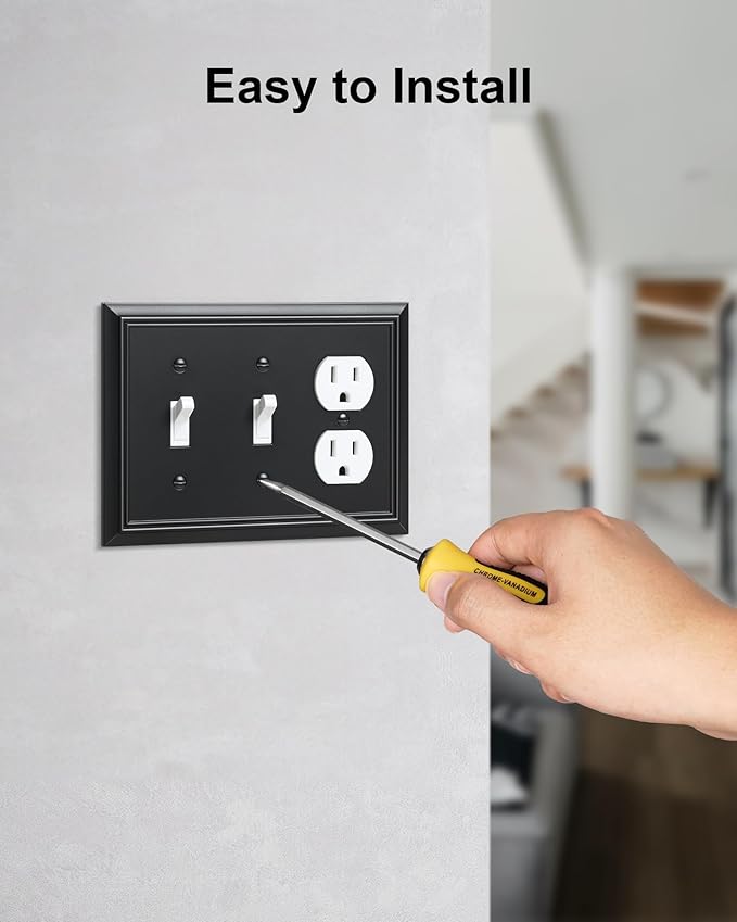 2-Pack Combo Double Toggle/Duplex Outlet Covers, Black Switch Plates and Outlet Covers, Natural Bamboo Fiber Wall Plates for Electrical Outlets, 3 Gang Receptacle Cover, Corrosion Resistant