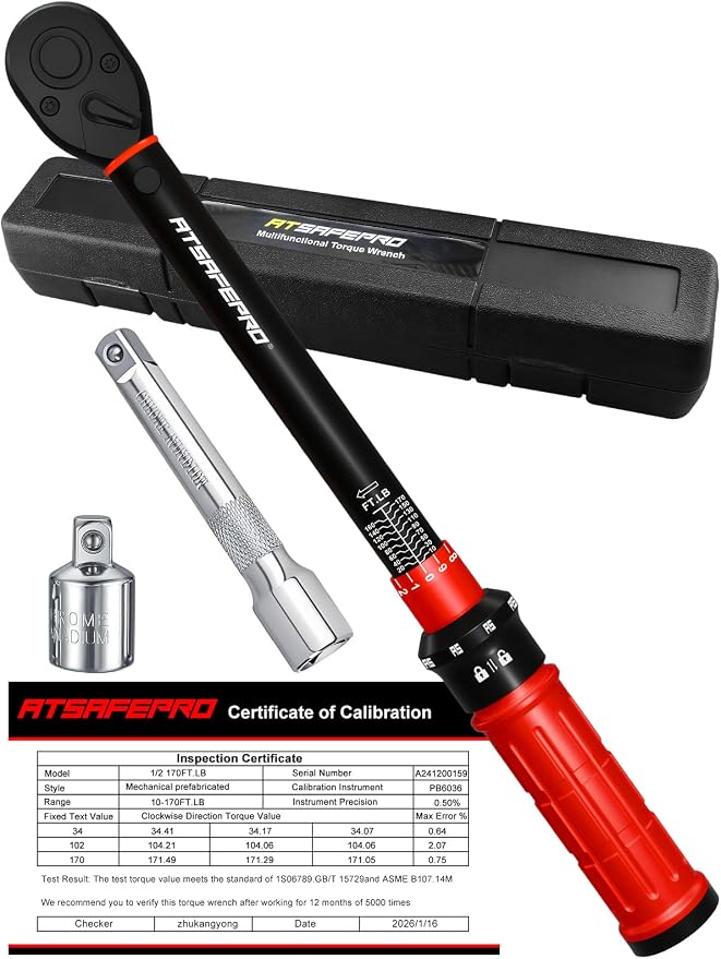 1/2 Inch Drive Click Torque Wrench, 10-170 ft.lb/13.60-230.5Nm, ±3% High Precision, Dual-Direction Adjustable 72 Tooth Click Torque Wrench 1/2 Drive for Motorcycle, Car Lug Nut Maintenance