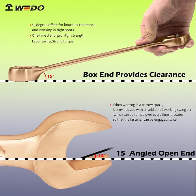 WEDO Non-Sparking Combination Wrench 30mm,Beryllium Copper,Non-magnetic | 12-Point Metric Spark-free Spanner,15-Degree Offset,Corrosion-resistance,DIN3113,BAM&FM Certificate,For Oil,Chemical,Mining