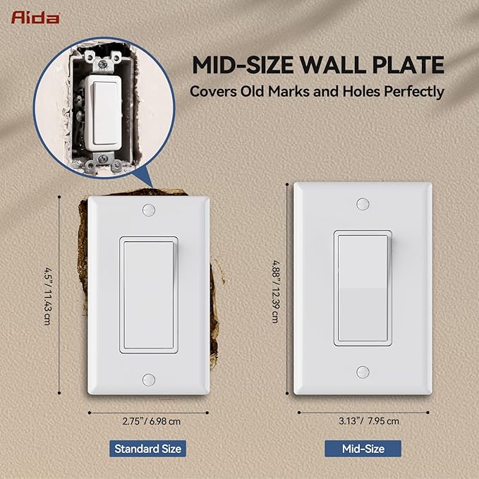 AIDA 1-Gang Midsize Light Switch Cover Plate, Decorative Outlet Covers - Glossy White, 4-Pack Unbreakable Polycarbonate Wall Plates for Decorator Device, UL Listed, 4.88" H x 3.13" L