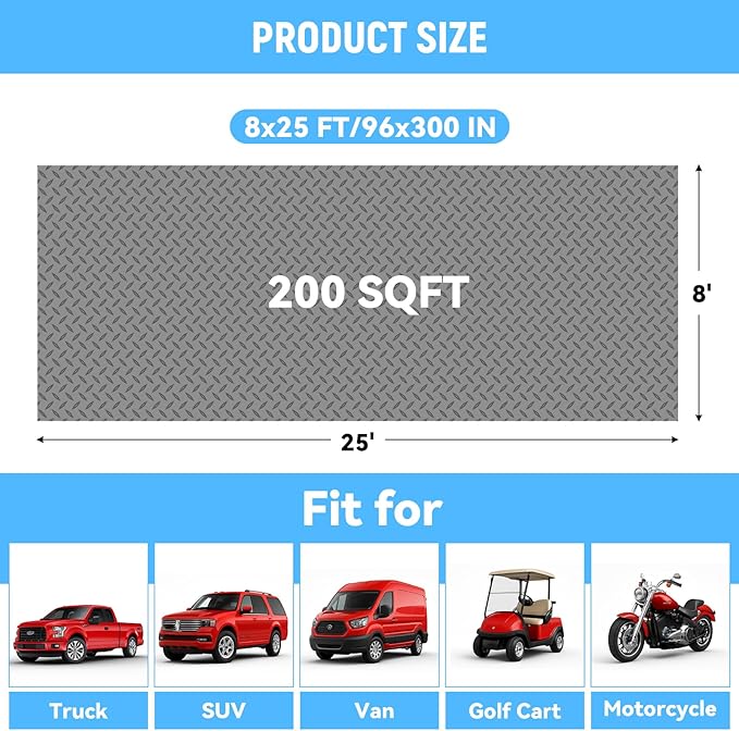 8x25 FT Garage Floor Mat, 2.8mm Thickened PVC Flooring Roll for Under Car, 200 SQFT Diamond Plate Gray Garage Mats for Garage, Warehouse, Basement, Gyms, Trailer（Included Tapes）