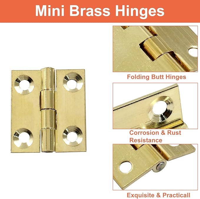 Piutouyar 8 Pack Butt Hinge 1 Inch Mini Solid Brass Hinges for Small Cabinet, Folding Craft With Mounting Screws for Boxes, Gate, Drawer