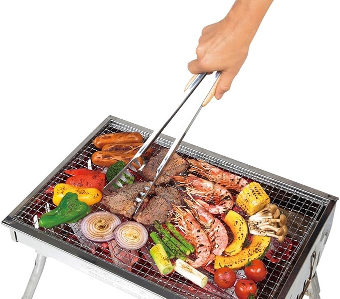 Captain Stag UG-3228 / UG-3231 / UG-3273 Outdoor BBQ Tongs, Wood Grip, Stainless Steel, Stopper Included