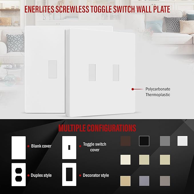 ENERLITES Screwless Double Toggle Switch Wall Plate, Child Safe Dual Light Switch Cover, Standard Size 2-Gang 4.68" x 4.73", Unbreakable Polycarbonate Thermoplastic, UL Listed, SI8812-W, Glossy, White