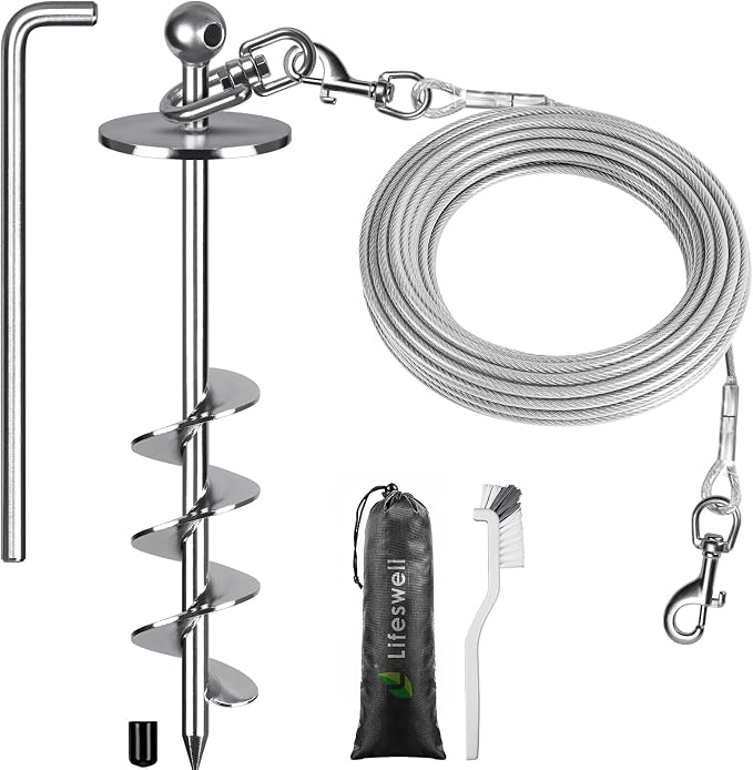 Dog Tie-Out Cable and Stake – 30ft Chew-Proof Stainless Steel Cable, 16-Inch Heavy-Duty Dog Anchor for Dogs Up to 200lbs, No Tangle, Dog Runner for Yard and Camping