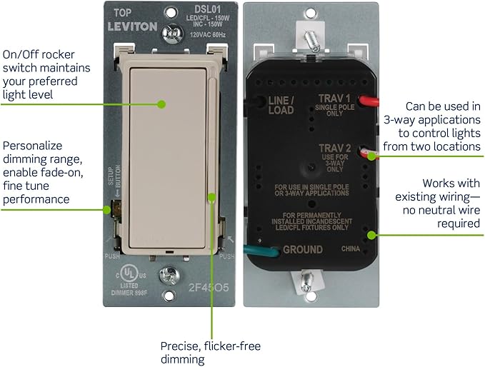 Leviton Decora Slide LED Advanced Dimmer Switch for 150W Dimmable LED, Halogen and Incandescent Bulbs and Fixtures, DSL01-1LT, Light Almond