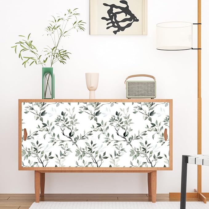 ILHIIOR White Floral Peel and Stick Wallpaper Boho Leaf Contact Paper Green Leaf Removable Self Adhesive Waterproof Wall Paper for Cabinet Drawers Wall Decor Renter Friendly 17.5''x393''