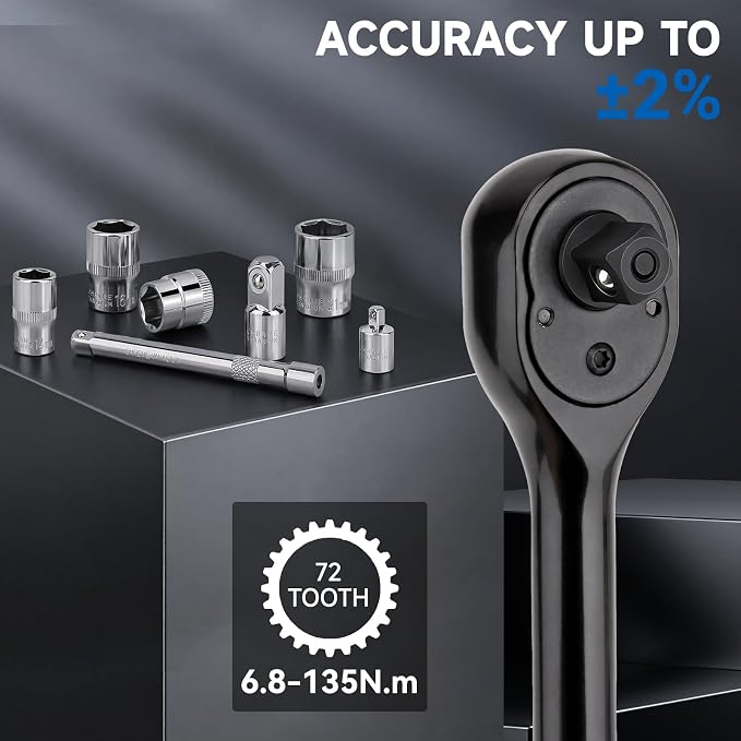 DISEN 8PCS 3/8" Digital Torque Wrench 6.8-135 N.m 5 Sockets Adapters Kit | 5-99.6 Ft.lb | ±2% accuracy | 72-tooth reversible ratchet | 2 modes & 5 units | LED/buzzer alert | Auto, motorcycle, bike