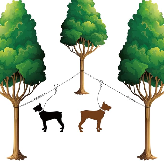 XiaZ 100FT Dog Trolley Runner Cable for 2 Dogs, Tie Out Cable for Small, Medium, Large Dogs up to 200lbs，Pet Lead for Yard, Camping, Outdoor, with 8 Ft Nylon Bungee Runner