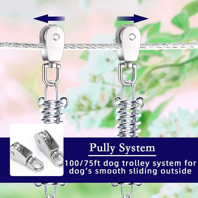 Snagle Paw Dog Tie Out Runner for Yard,Trolley System for Large Dogs, Dog Zipline Aerial Tie Out Cable 75ft with 10ft Pulley Runner Line for Dogs Up to 250lbs for Yard or Camping