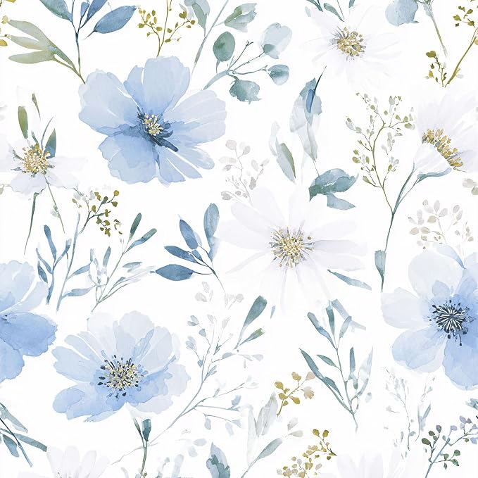 Light Blue Floral Peel and Stick Wallpaper, 17.7in x 118in | Self-adhesive and removable watercolor flower design for bedroom, living room, and accent wall