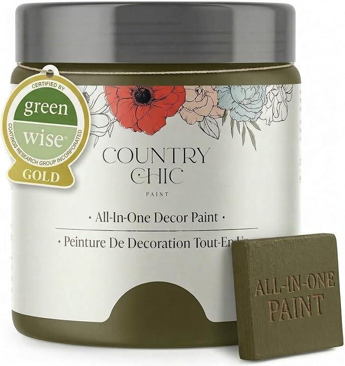 Country Chic All-in-One Chalk Paint for Furniture, Cabinets, Home Decor, Eco-Friendly, Matte Finish, Built-In Primer & Top Coat for Wood, Metal - Neverland (Olive Green) - Sample (4 oz)
