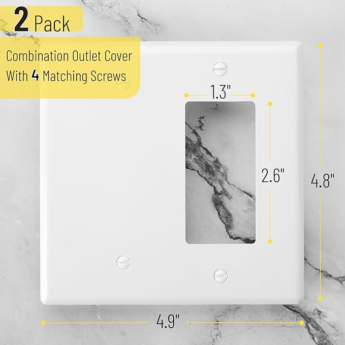 Bates- Combination Wall Plate, 2 Pack, 4.8"x4.9", Decorator/Blank, White Unbreakable Polycarbonate Thermoplastic, 2 Gang Wall Plate for Electrical Outlets