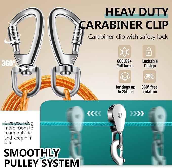 Professional Dog Runner Trolley System，Heavy Duty & Adjustable 100ft Dog Zip Line with 10ft & 15ft Tie Out for Large Dogs Up to 250lbs, Chew Proof Dog Run Cable for Yard, Camping & Outdoor Adventure