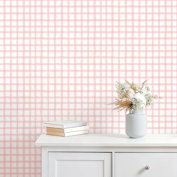 Plaid Wallpaper Peel and Stick, 17.7"x197" | Hand-Painted Pink, Self Adhesive, Vinyl, Removable, Boho Checkered Contact Paper for Bedroom, Living Room, Bathroom