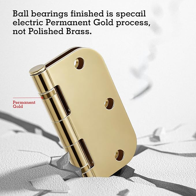 24 Pack Ball Bearing Round Polished Brass Door Hinges 3.5 Inch 5/8" Radius Anti Squeak Interior 3-1/2"Flat Bifold Standard Bedroom Indoor for Doors 3 ½" Hardware Essentials Home Decor Accessories