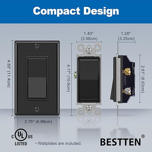 BESTTEN 10 Pack Single Pole Decorator Wall Light Switch with Wallplate, 15A 120/277V, On/Off Rocker Paddle Interrupter, UL Listed, Black