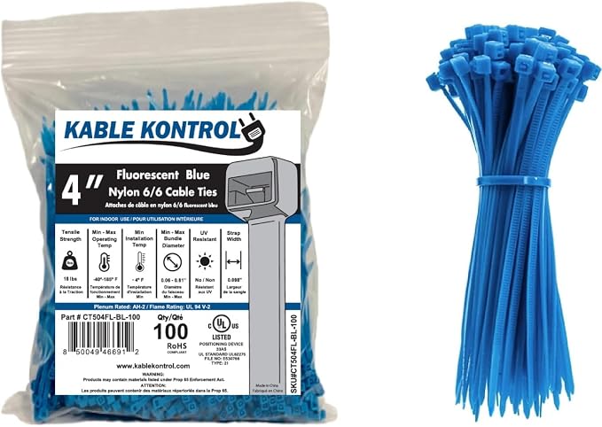Kable Kontrol Fluorescent Blue Zip Ties 4 Inch 100 Pcs, 18 Lbs Tensile Strength, Self-locking Nylon Colored Cable Ties Wire Wraps for Indoor or Outdoor Use… | Nylon Plastic, Self Locking, UL Listed, Indoor Use