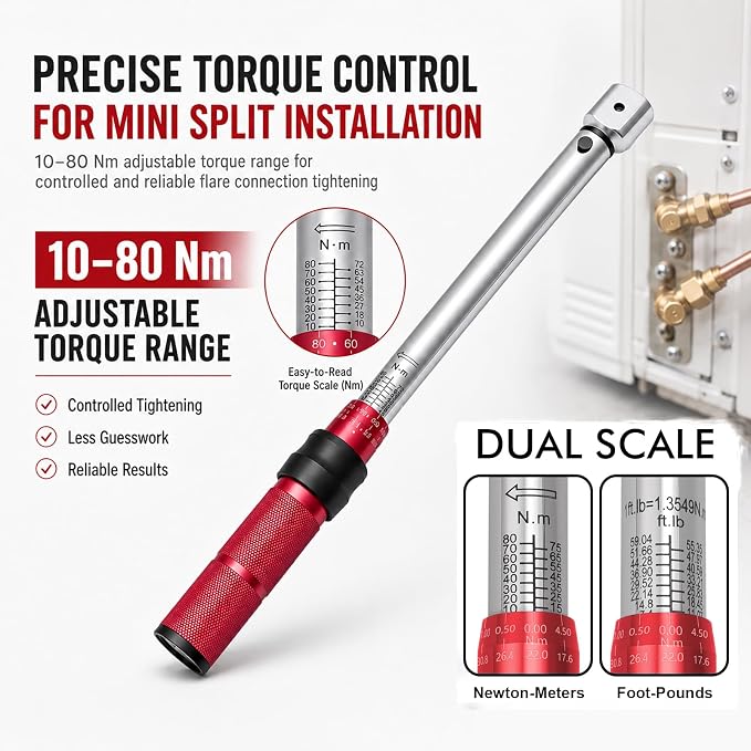 Mini Split Torque Wrench Set, 10–80 Nm HVAC Torque Wrench with 5 Fixed Open End Heads, 17/22/26/29/32 mm Open End Torque Wrench for Mini Split Installation, Adjustable Torque Wrench for Flare Nuts