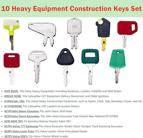10PCS Heavy Equipment Construction Operators Keys, Master Ignition Key Set for John Deere Volvo CAT Caterpillar Komatsu Hyster Bobcat D250 and More.