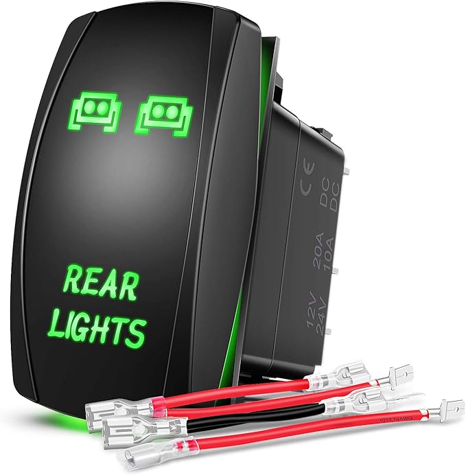 Nilight Rear Lights Rocker Switch Led Light Bar Switch 5Pin Laser On/Off switches Green 20A/12V 10A/24V Switch with Jumper Wires Set for Cars,Trucks,RVs,2 Years Warranty
