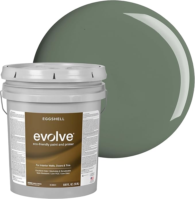 EVOLVE Interior Paint & Primer, Eggshell (Ivy Green), 5 Gallon – One-Coat Coverage, Excellent Hide, Low VOC, Low Odor, Washable Paint for Walls, Doors & Trim