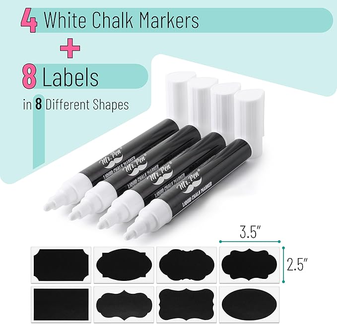 Mr. Pen- Liquid Chalk Marker Pen, 4 Pack, 8x Labels, White Non-Toxic Odorless Chalk Markers, Dual Reversible Chisel & Bullet Tip, Ideal for Non-Porous Chalkboards, Chalkboard Vinyl, Glass & Metal