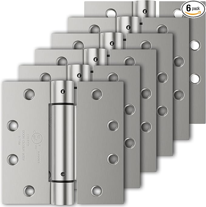 6 Pack Self Closing Door Hinges, 4.5" x 4.5" Spring Loaded Hinges with Square Corners, Adjustable Tension for Garage, Front Door, Back Door, for Left and Right Hand Door, UL Listed