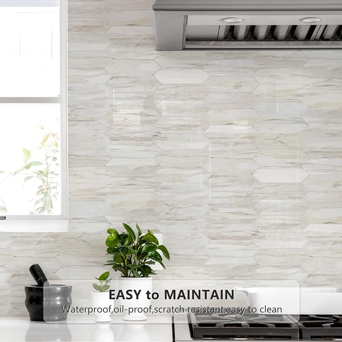 Vamos Tile Glossy Wood Marble Grain Backsplash Tile Peel and Stick, 12.8 x 12.8 Inch 10 Sheets Long Hexagon PVC Self Adhesive Mosaic Wall Tiles Stick on Backsplash for Kitchen and Bathroom