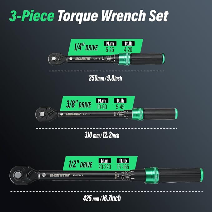 1/4 & 1/2 & 3/8 Drive Torque Wrench, 3PCS Torque Wrench Set, 4-20 ft.lb, 5-45 ft.lb, 15-165 ft.lb, Dual-Direction Adjustable Torque Wrench for Bicycle, Motorcycle, Car Maintenance