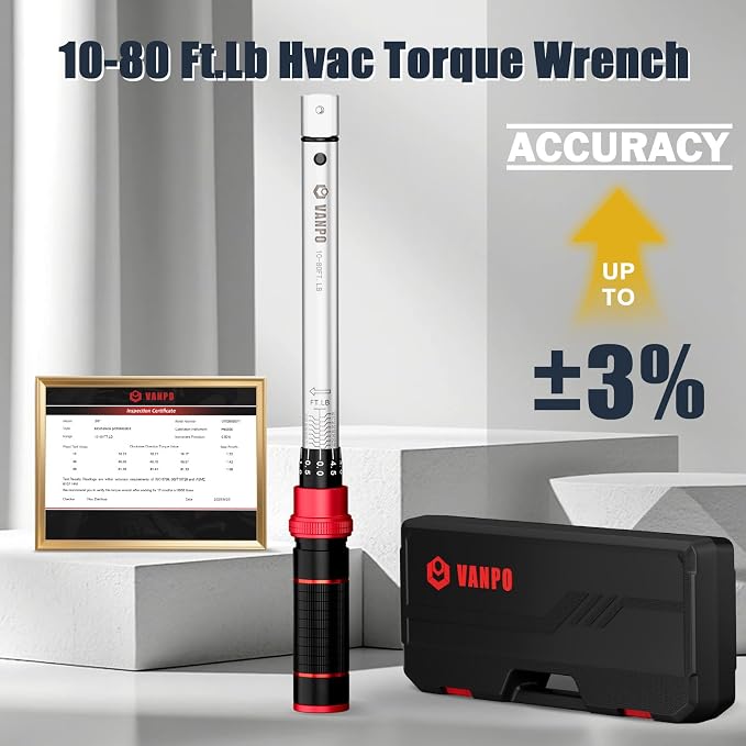 VANPO HVAC Torque Wrench 10–80 Ft-lb, 9×12mm, for Mini Split AC | Adjustable Click Torque Wrench with Open End Heads (17–32mm), ±3% Accuracy, for Refrigeration Flare Nut Installation