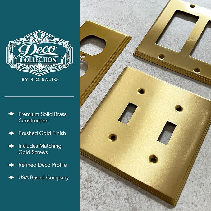 Rio Salto BRASS Deco Collection Standard Size 4-Gang Quad Rocker Gold Decorator Switch of Receptacle Wall Plate Cover Light Switch Wallplate Covers 4 Gang GFCI Brushed Brass Rocker Metal