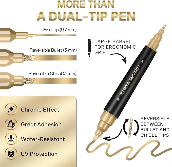 1PK Dual Tip Permanent Mirror Chrome Gold Marker – Metallic Gold Paint Pen for Metal, Plastic, Fabric, Jewelry, Model Painting, Touch-Up & Repair Kit, 2 Tips (0.7mm & 3mm Reversible Tip)