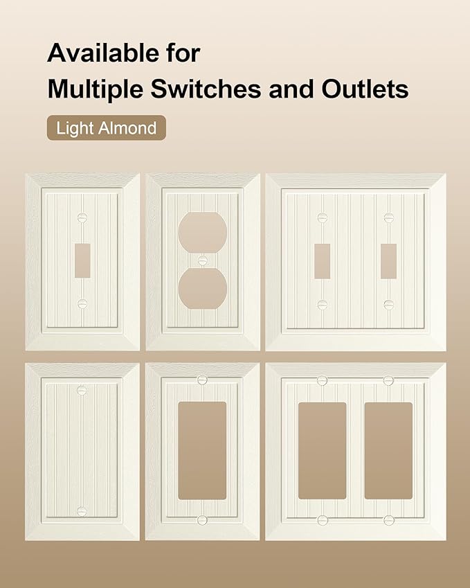 4-Pack Classic Beadboard Duplex Outlet Cover Plate, Decorative Unbreakable Polycarbonate Switch Plates and Outlet Covers, Light Almond Wall Plates for Electrical Outlets, 1 Gang Receptacle Cover