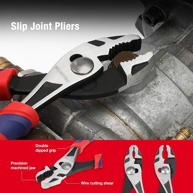 WORKPRO Pliers Set, 5-Piece Premium Cr-V Pliers Kit with Storage Pouch | 6 Inch Slip Joint, Long Nose, Diagonal Cutter, 8 Inch Groove Joint, 7 Inch Linesman, Ergonomic Grip, for Basic Repair