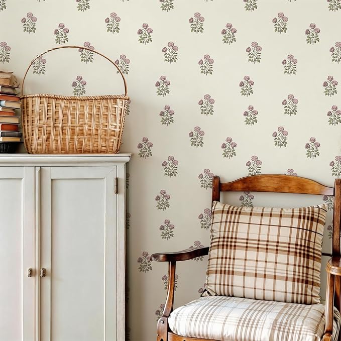 17.3" × 118.1" Vintage Floral Wallpaper Retro Rose Flower Contact Paper for Cabinets Self Adheisve Beige Floral Wallpaper for Bedroom Accent Wall Cabinets