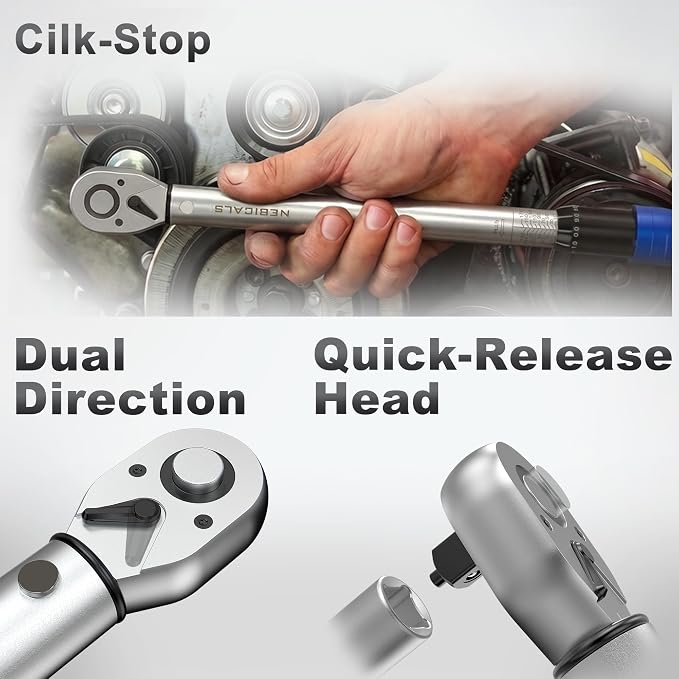 9PCS Torque Wrench Set 1/4 20-220 Inlb,3/8 5-45 &1/2 10-170 Ftlb,6 extension bar&adapter,±3% Accuracy,72 T,Dual Scale,Chrome plated, anti-rust,not scratch&wear-resistant than Black,DIY,car,bike&truck