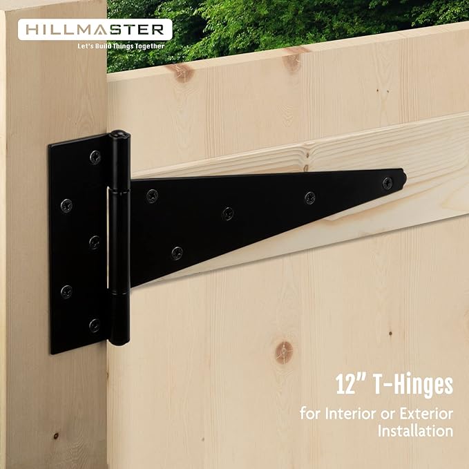 HILLMASTER 12 Inch T-Strap Heavy Duty Shed Door Hinges Gate Strap Hinges Black Tee Hinge Wrought Hardware for Wooden Fences,Yard,Barn Door,Rustproof (4 Pack)