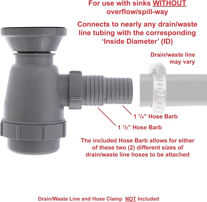 Ambassador Marine - 2 inch Drain, Trap Sink Drain, 1-1/4 inch & 1-1/2 inch Hose Barb, w/Chain Stopper - Brushed Finish - S00-0109-BP-W