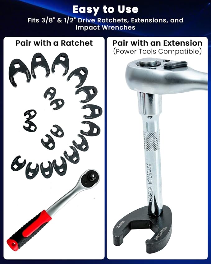 SIXIWANZI Metric Crowfoot Wrench Set, Flare Nut Crowfoot Set 8-32 mm | 19-piece metric kit, 8-32 mm crows foot, 3/8" and 1/2" drives, anti-slip flare nut grip, return tab design