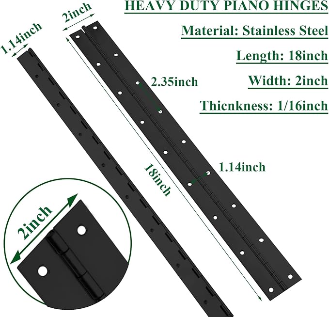 2Pack Heavy Duty Piano Hinge, 2" Open Width x 18" Continuous & Piano Hinges, 0.06” Thick Stainless Steel Piano Hinge with Holes, Black Stainless Furniture Hinges for Cabinet Door Cases Woodworking