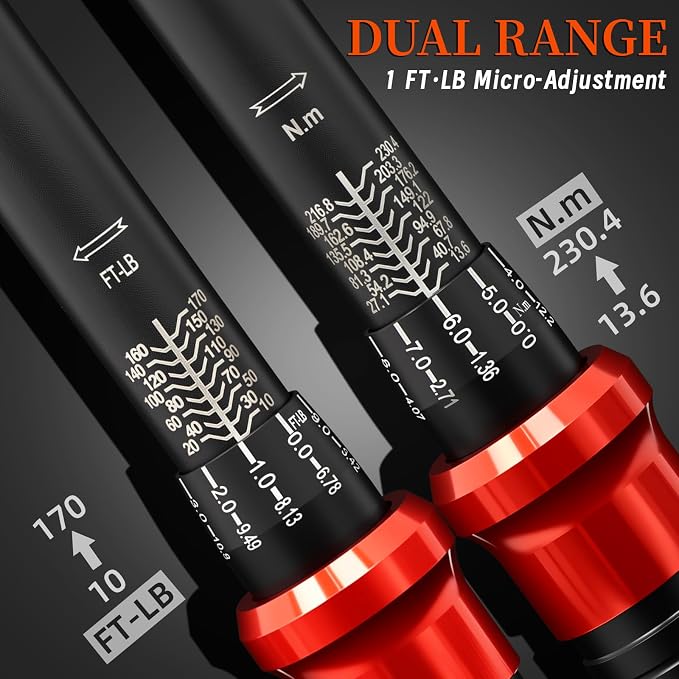 23PCS 1/2-Inch Drive Torque Wrench Set, 10-170FT.LB/13.6-230.5Nm | Click Torque Wrench with Sockets, 72-Tooth Dual-Range, ±3% Precision Adjustable Torque Wrenches for Cart, Motorcycle, Lug Nut