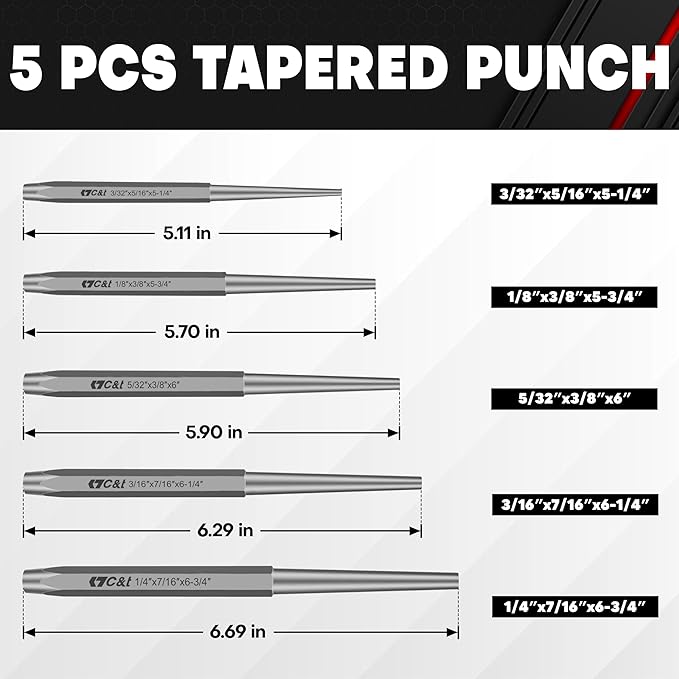 C&T 16-Piece Punch and Chisel Set with Storage Pouch, Including Taper Punch, Cold Chisels, Pin, Center Punch, Chrome Vanadium Steel