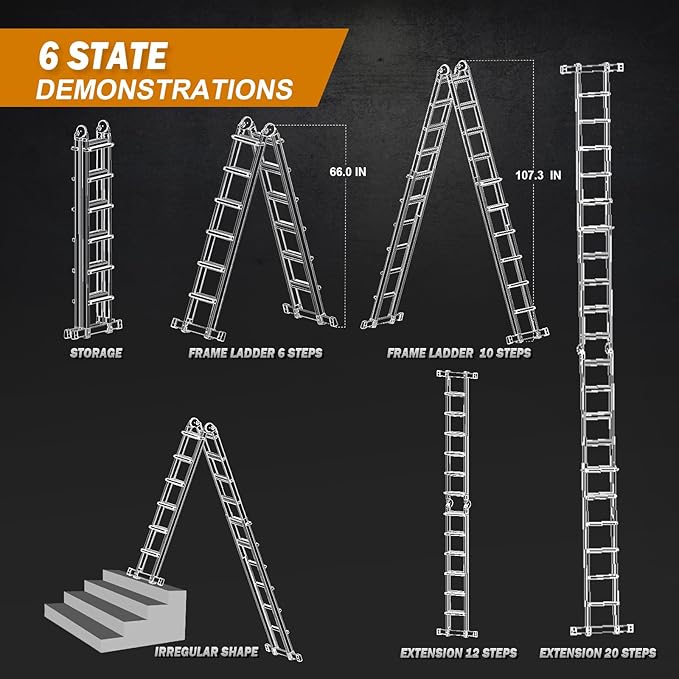 Soctone Ladder, A Frame Extension Ladder, Multi Position with Stabilizer Bar, 330 lbs Weight Rating Telescoping Ladder for Household or Outdoor Work, 22.5 Ft, Orange