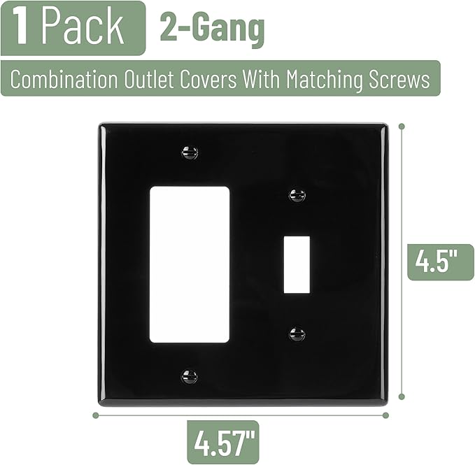 Bates- Combination Wall Plate, Toggle Switch/Decorator, Black, 4.50"x4.57"/Standard Size, 2 Gang Wall Plate