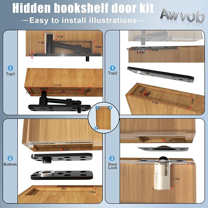 Hidden Door Hinge with Dual Bearing Design - Rotating Silent Invisible Door Hinge Kit for Heavy Duty Secret Door, Perfect for DIY Carpenters & Door Bookcase 580lbs Load-Bearing