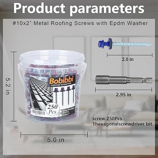 Metal Roofing Screws 10 x 2 inch, Blue Hex Head Sheet Metal Roof Screw with EPDM Washer for Corrugated Roofing (250Pcs)