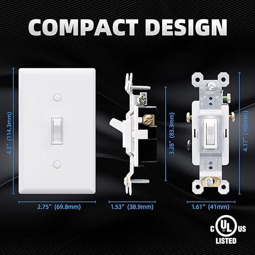 ELEGRP 3 Way Framed Toggle Light Switch, 15 Amp, 120 V, Quiet Self-Grounding, Residential and Commercial Grade, UL Listed (10 Pack, Glossy White)