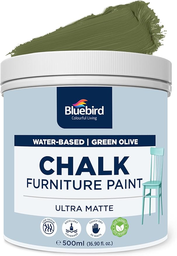 BLUEBIRD Chalk Furniture Paint - 500 ML / 16.9 fl oz for Furniture, Home Décor, Cabinets, and More (Green Olive)